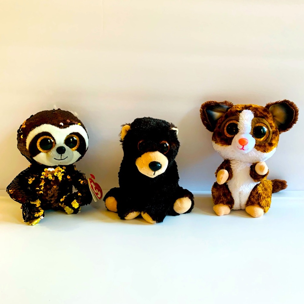 A Handsome Trio of Beanie-Boo’s in Brown - Bear, Sugar-Glider & Sequined Sloth